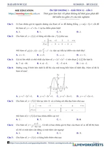 Giải tích 12 - Đề Ôn tập Chương 1 - Lần 3
