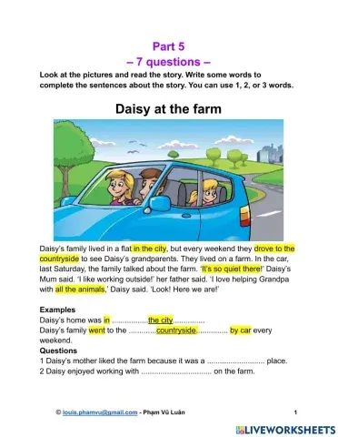 A1 Movers Reading & Writing Part 5 – Sample Papers