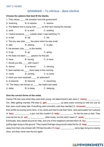 UNIT 3: MUSIC GRAMMAR – To infinitive – Bare infinitive