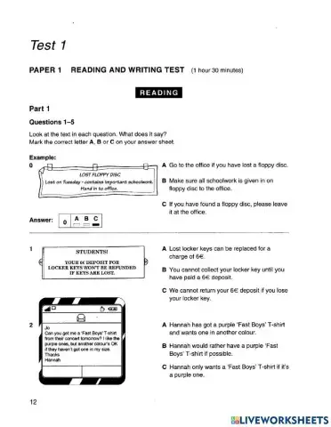 PET 1 - READING Test 1