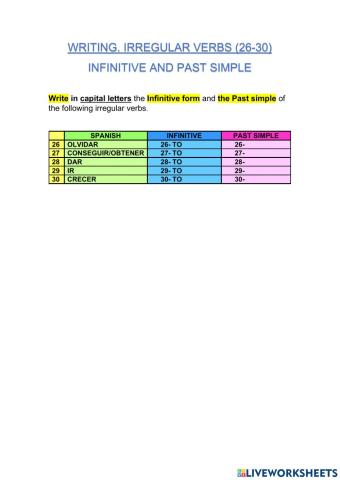 5-irregular verbs. infinitive - past simple. 26-30. writing