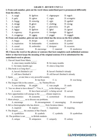 Grade 9 - Review Unit 2.1