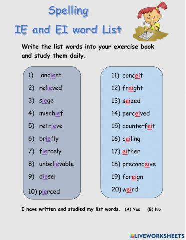 Spelling list Ie and Ei words