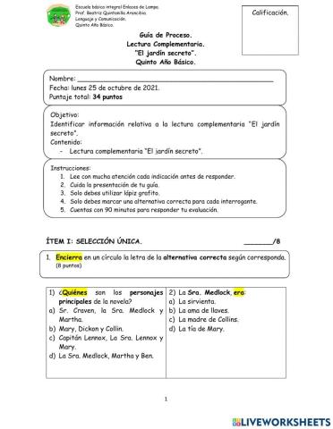 Guía de proceso lectura complementaria el jardín secreto