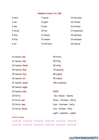 Numbers from 0 to 100