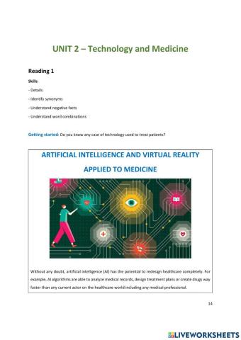 Unit 2 Reading 1 ARTIFICIAL INTELLIGENCE AND VIRTUAL REALITY APPLIED TO MEDICINE