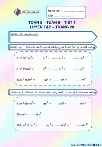 Toán 5 Luyện tập Trang 28 29