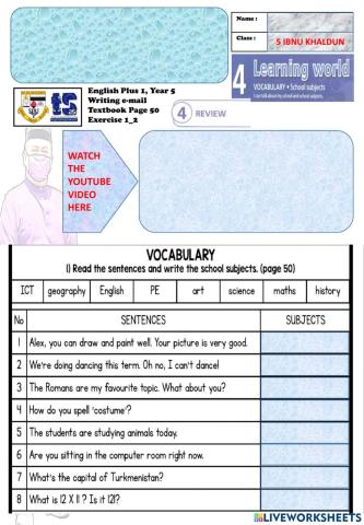 Live worksheet english plus 1 year 5 textbook page 50 exercise 1-2