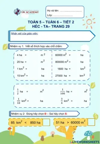 Toán 5 Héc ta trang 29