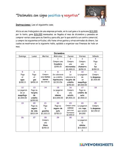 Decimales positivos y negativos