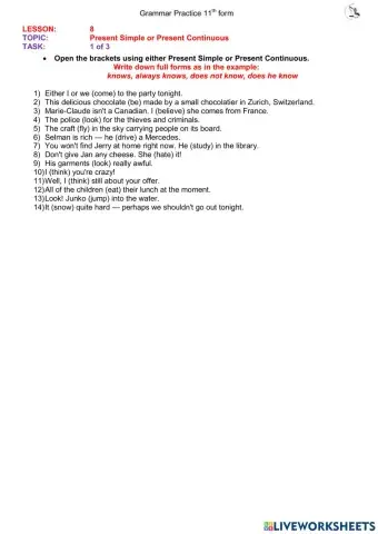 Present Simple vrs Present Continuous (11th form) ex.1