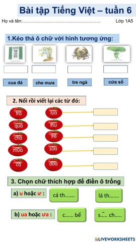 Phiếu Tiếng Việt  cuối tuần tuần 6