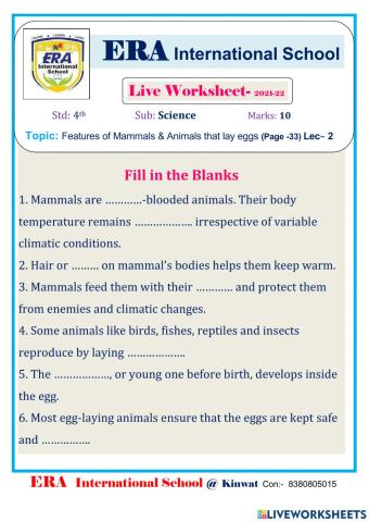 Features of Mammals & Animals that lay eggs  (Page -33)  Lecture – 2