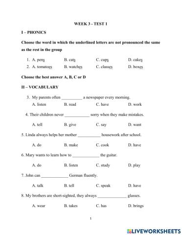 Elementary unit 3 test 1