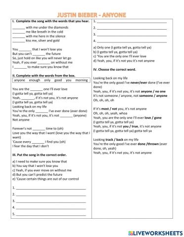 Song: Justin Bieber anyone (indefinite pronouns)