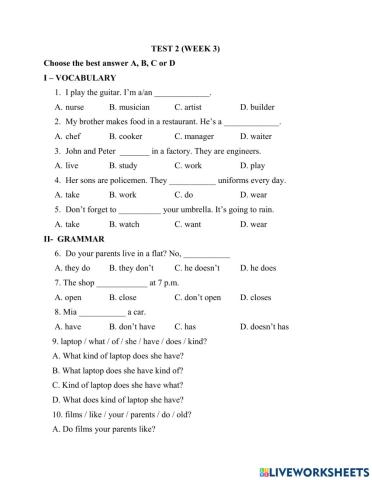 Elementary unit 3 test 2