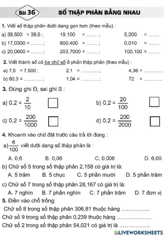 SBT Bài 36: Số thập phân bằng nhau