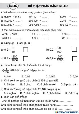SBT Bài 36: Số thập phân bằng nhau