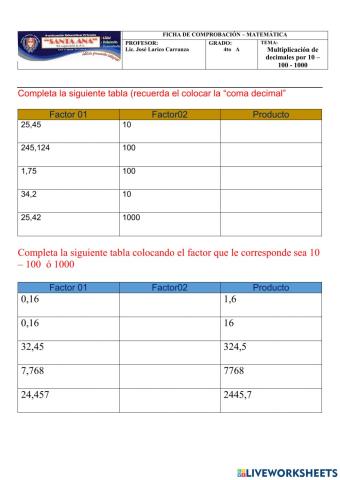 Multiplicación decimales 10 - 100 - 1000