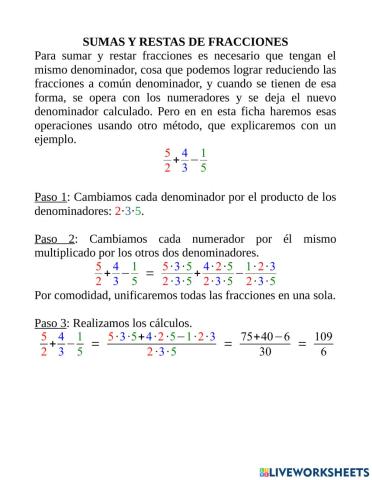 Sumas y restas de fracciones