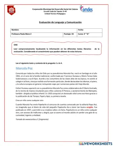 Evaluacion lenguaje tercer trimestre