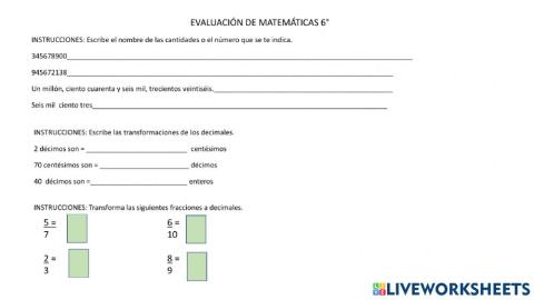 Evaluación de matemáticas 6°