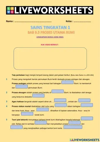 Latihan Sains Tingkatan 1 Bab 9.3 Proses Utama Bumi