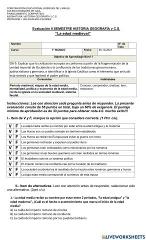 Evaluacion edad medieval 7°