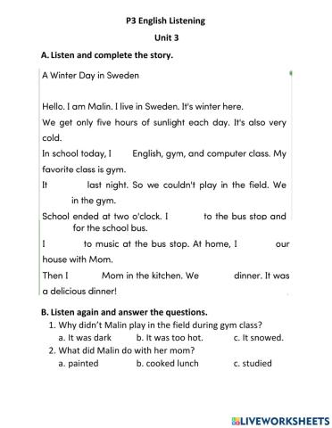 Listening and Reading Past TenseUnit 3