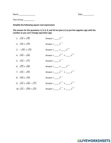 Square Roots - Add and Subtract Square Roots