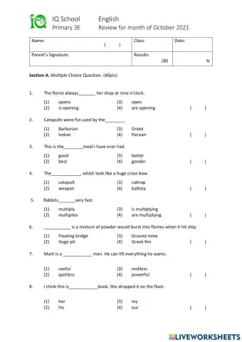 P3 English Monthly Review for Month of October