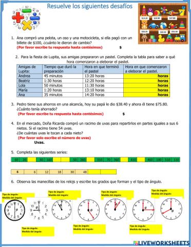 Desafíos 4°.6 (sumas y restas con decimales, series y ángulos)