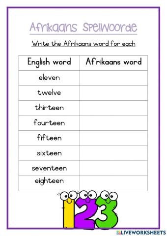Afrikaans numbers 11-18 worksheet 2