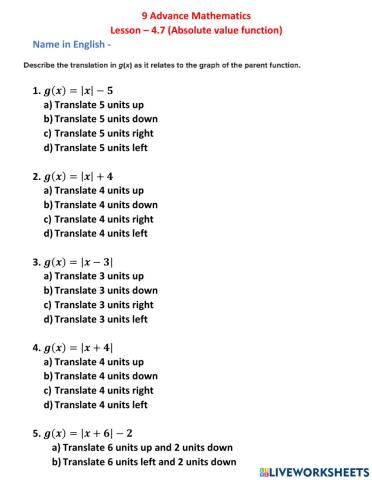 9 Advance Mathematics Lesson – 4.7 (Absolute value function)
