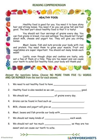 Reading Comprehension Healthy Food