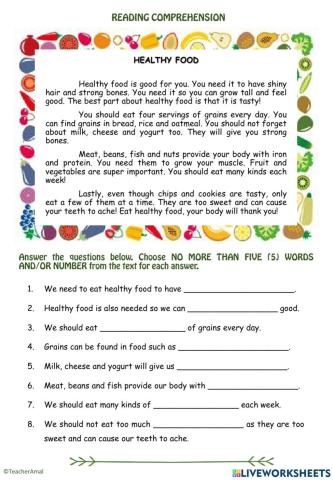 Reading Comprehension Healthy Food
