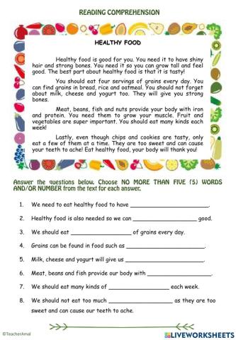 Reading Comprehension Healthy Food