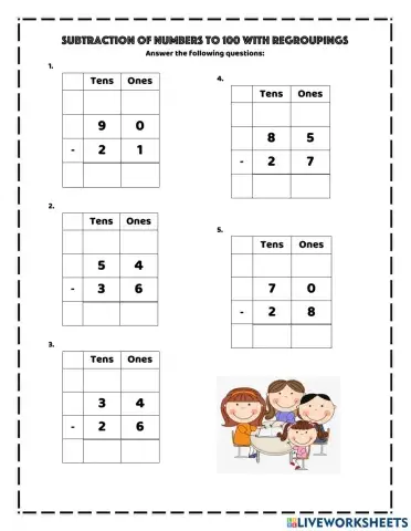 Subtract numbers to 100 regrouping