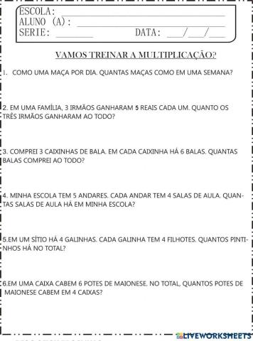 Situações problema adição e multiplicação