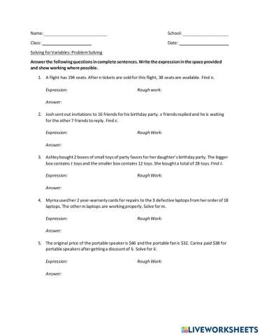 Solving for Variables: Problem Solving