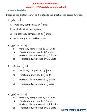 9 Advance Mathematics Lesson – 4.7 (Absolute value function) Name in English -