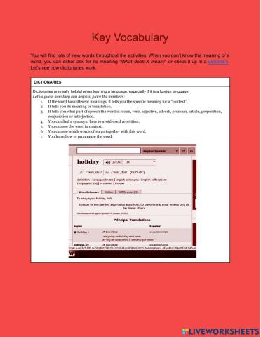 Dictionary Use and unit 1 Key vocabulary