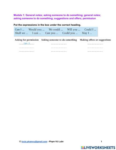 Modals 1: General notes- asking someone to do something- general notes- asking someone to do something- suggestions and offers- permission
