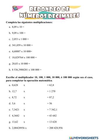 Multiplicación por 10, 100,1 000, 10 000 y 100 000