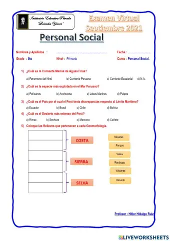 Examen de Personal Social 5to Prim