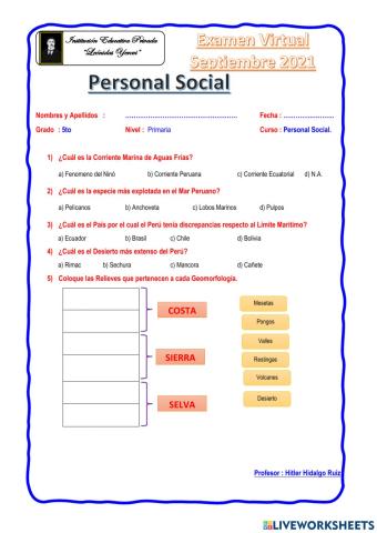 Examen de Personal Social 5to Prim