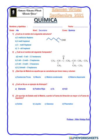 Examen de Quimica 4to Sec