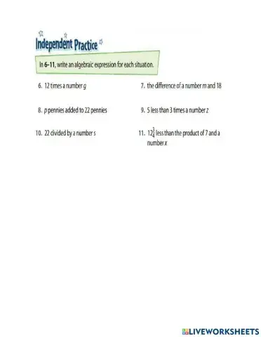 Using variables to write algebraic expressions