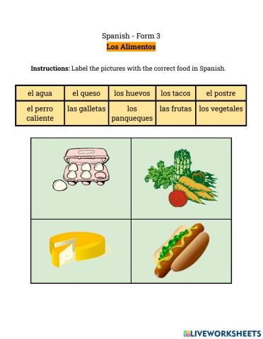 Los Alimentos Worksheet 1