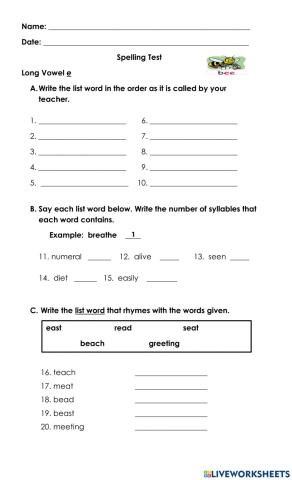 Long Vowel e Spelling Test